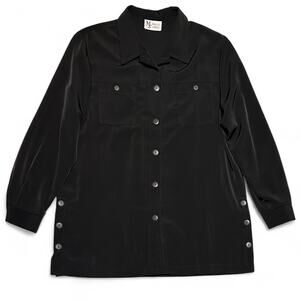 Vintage 90s Maggie Sweet Black Sheen Button Up Shirt XL Boho Casual Long Sleeve